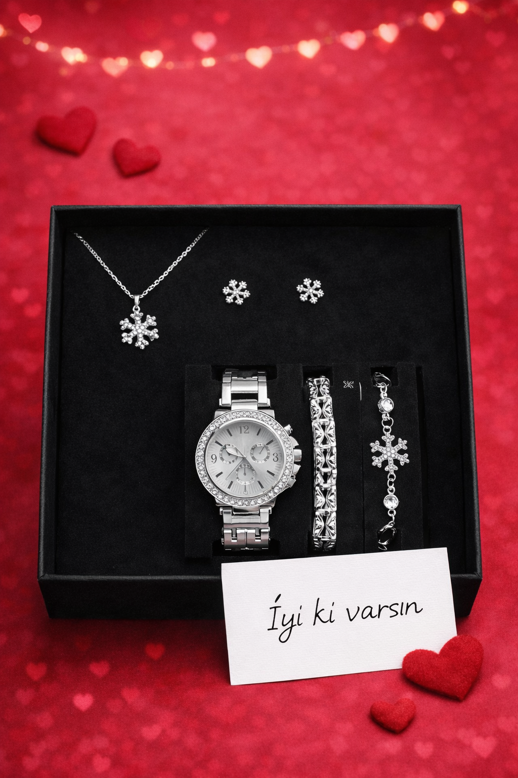 Gümüş Renk Kadın Kol Saati Saat, Bileklik, Kolye, Küpe, Hediye Seti