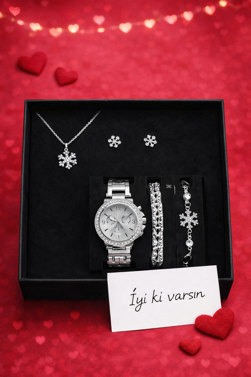 Gümüş Renk Kadın Kol Saati Saat, Bileklik, Kolye, Küpe, Hediye Seti