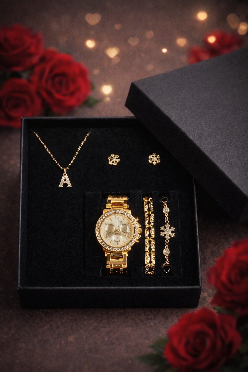 Kişiye Özel Harfli Kadın Kol Saati, Saat,Bileklik,Kolye,Küpe Hediye Seti Altın Sarısı Renk