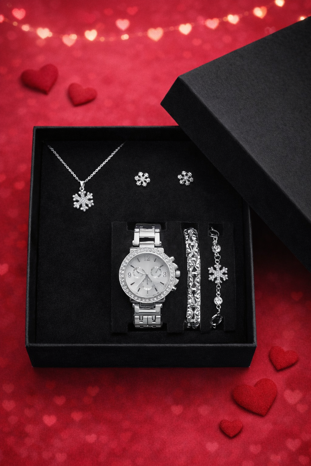 Gümüş Renk Kadın Kol Saati Saat, Bileklik, Kolye, Küpe, Hediye Seti