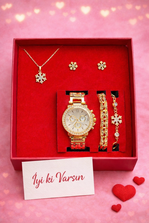 Gold Renk Kadın Kol Saati Saat, Bileklik, Kolye, Küpe Hediye Seti