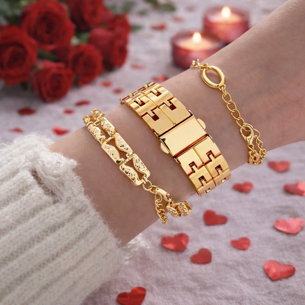 Gold Renk Metal Kordon Kadın Kol Saati Ve Kombin Bileklik Seti