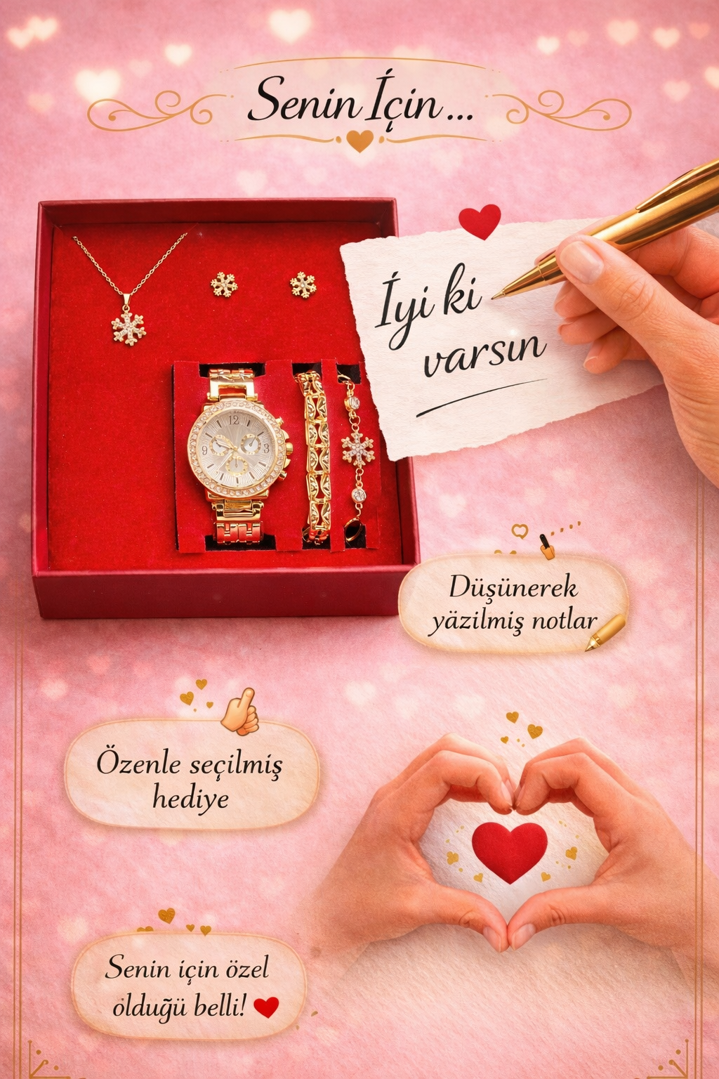 Gold Renk Kadın Kol Saati Saat, Bileklik, Kolye, Küpe Hediye Seti