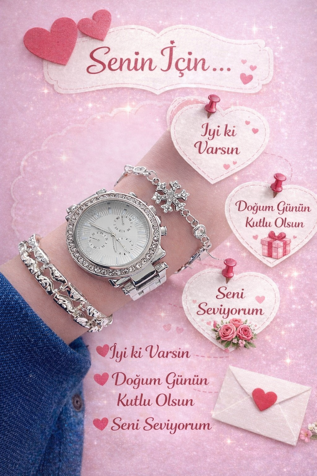 Kadın Kol Saati Metal Kordon Gümüş Renk & Yanındaki Bileklikler İle Beraber