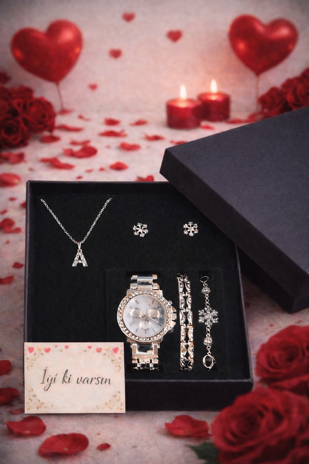 Kişiye Özel Harfli Kadın Kol Saati, Saat,Bileklik,Kolye,Küpe Hediye Seti Gümüş Renk