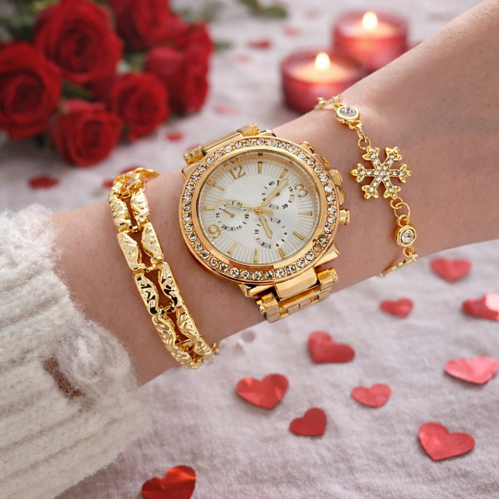 Gold Renk Metal Kordon Kadın Kol Saati Ve Kombin Bileklik Seti