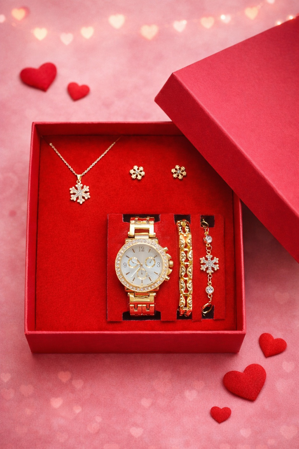Gold Renk Kadın Kol Saati Saat, Bileklik, Kolye, Küpe Hediye Seti