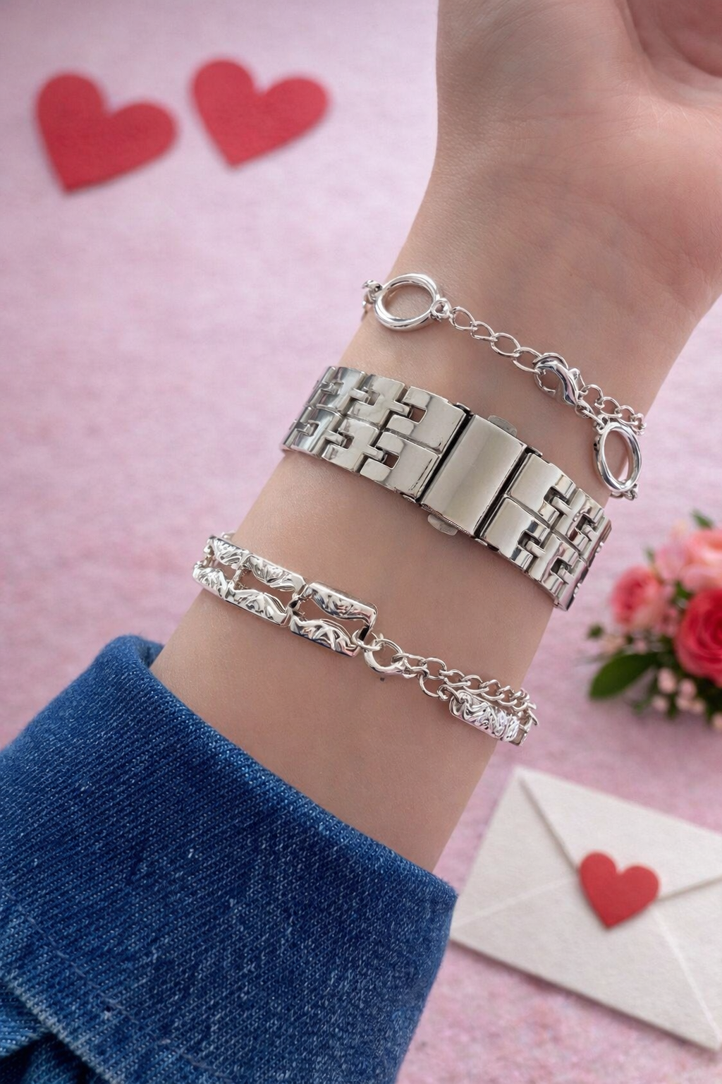 Kadın Kol Saati Metal Kordon Gümüş Renk & Yanındaki Bileklikler İle Beraber