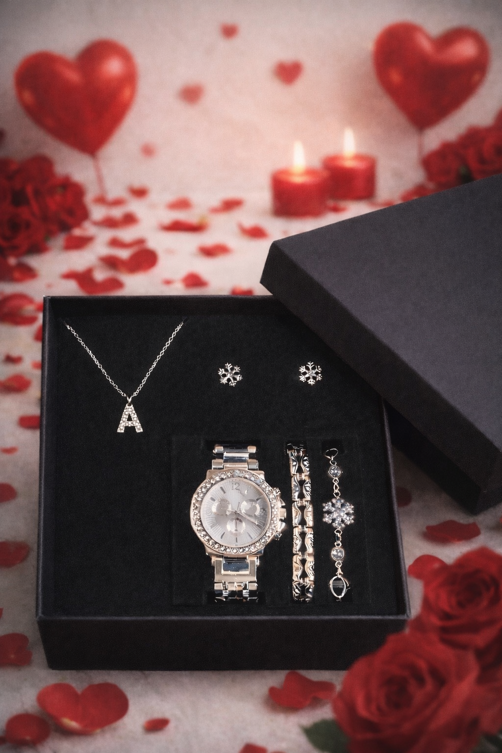 Kişiye Özel Harfli Kadın Kol Saati, Saat,Bileklik,Kolye,Küpe Hediye Seti Gümüş Renk