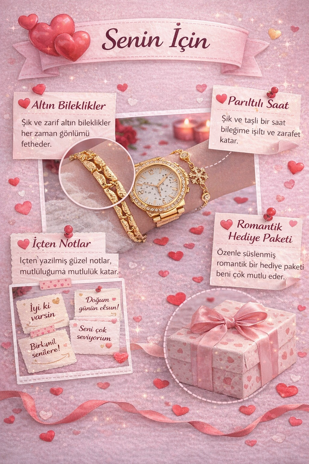 Gold Renk Metal Kordon Kadın Kol Saati Ve Kombin Bileklik Seti