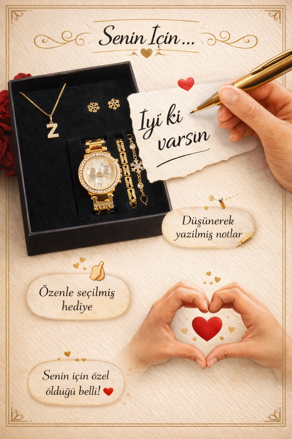 Kişiye Özel Harfli Kadın Kol Saati, Saat,Bileklik,Kolye,Küpe Hediye Seti Altın Sarısı Renk