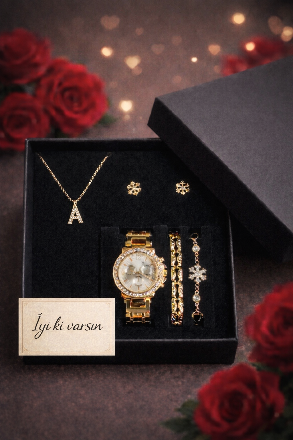 Kişiye Özel Harfli Kadın Kol Saati, Saat,Bileklik,Kolye,Küpe Hediye Seti Altın Sarısı Renk
