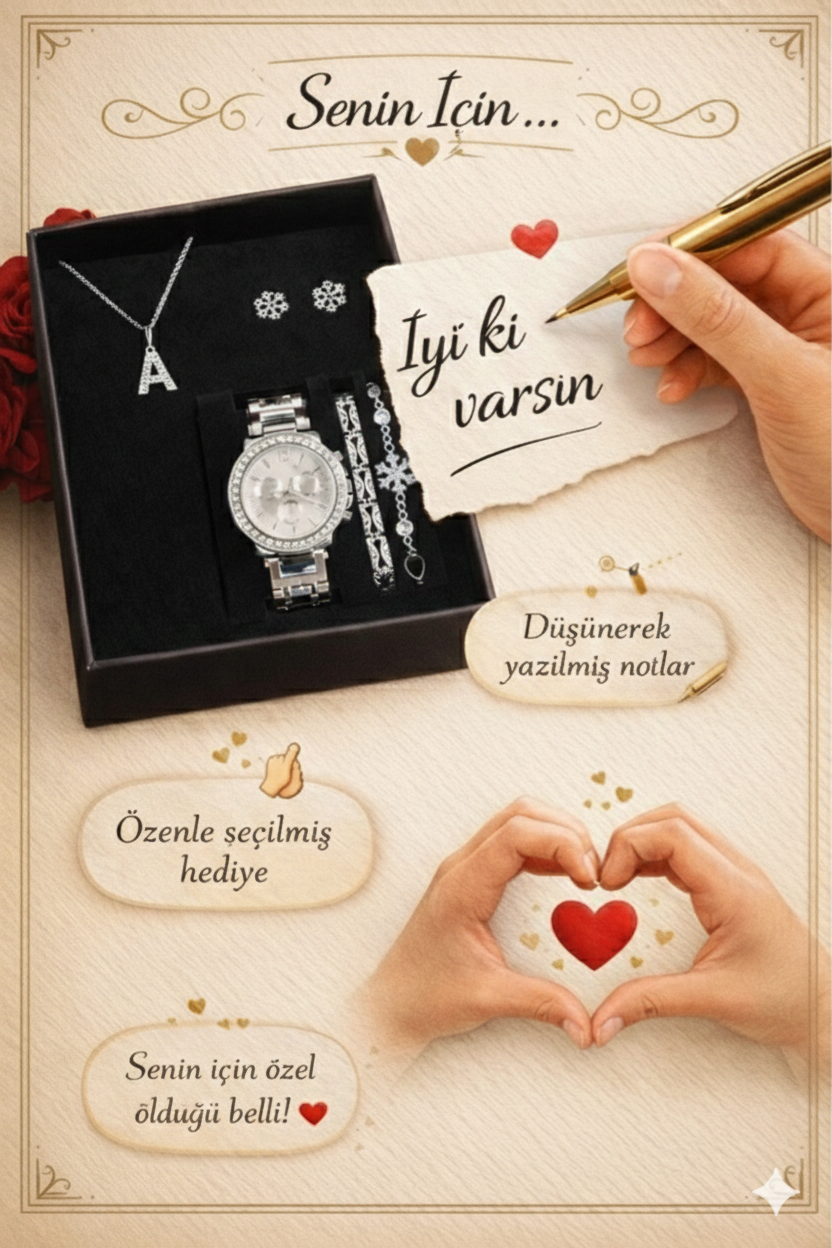 Kişiye Özel Harfli Kadın Kol Saati, Saat,Bileklik,Kolye,Küpe Hediye Seti Gümüş Renk